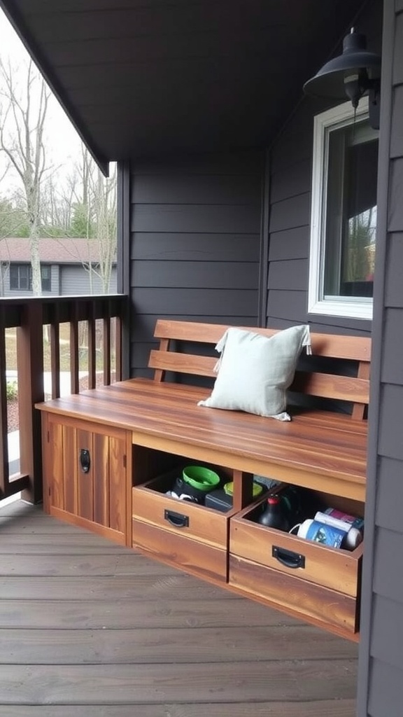 A wooden bench with storage compartments and a cushion, placed on a deck.