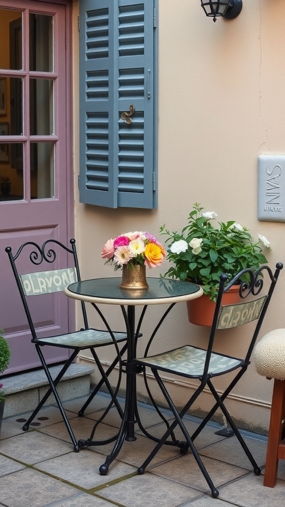 A small bistro table with two chairs, featuring a flower vase and green plants, set against a pastel wall.