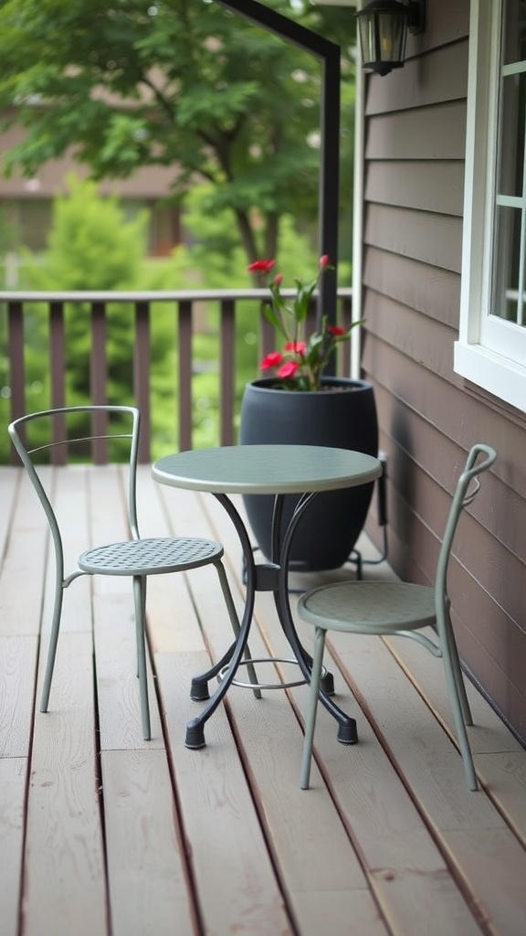 A bistro table with two chairs on a deck surrounded by greenery.