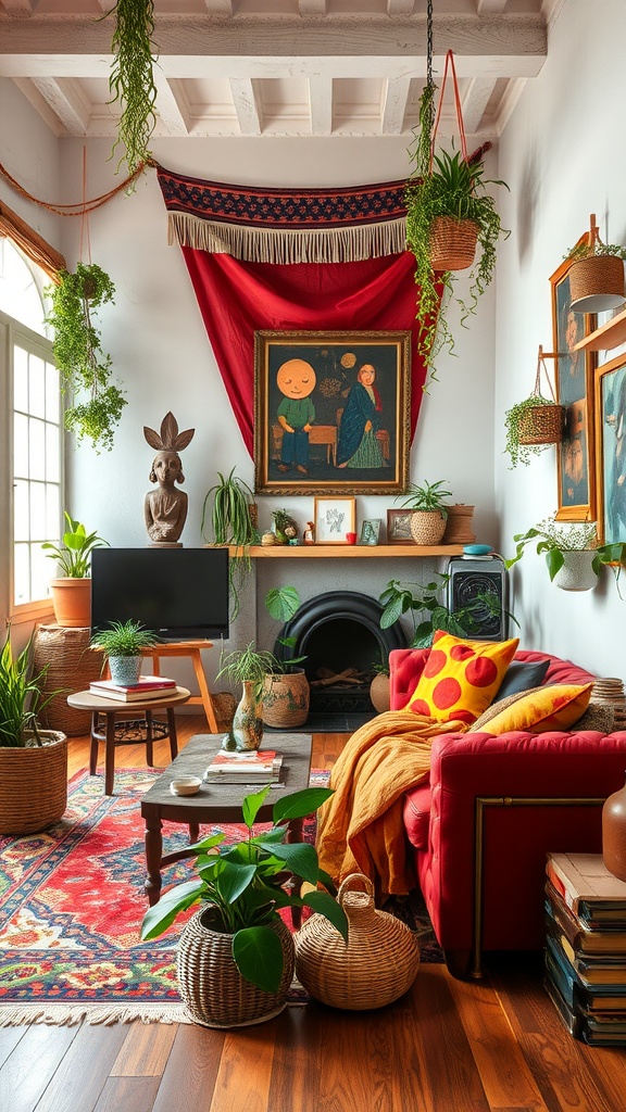 A cozy Bohemian chic living room featuring a red sofa, colorful decor, and various plants.