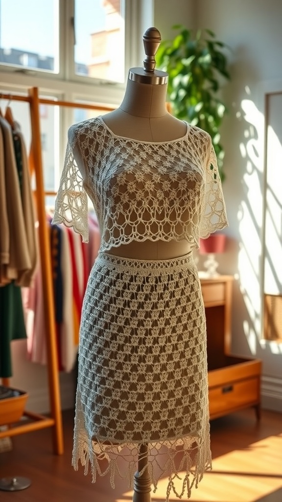 A crochet two-piece bohemian crop top and skirt set displayed on a mannequin in a stylish room.