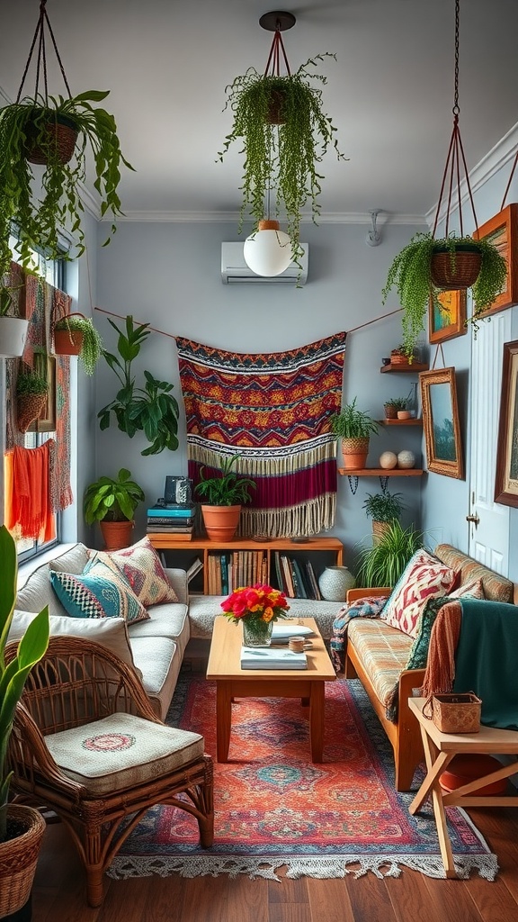 A cozy living room decorated with vibrant textiles and hanging plants, showcasing bohemian decor.