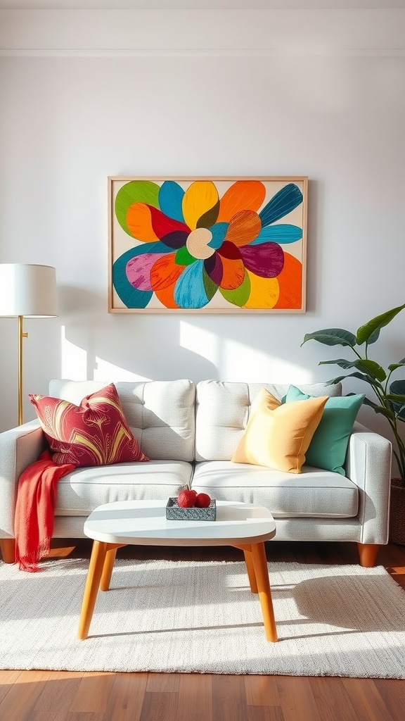 A bright living room featuring a light grey couch adorned with colorful pillows, a vibrant abstract painting on the wall, and a light rug.