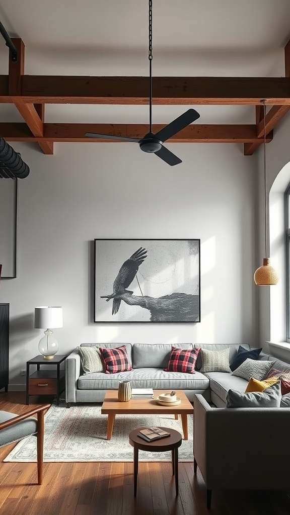 A modern living room featuring bold artwork and industrial elements with a cozy atmosphere.