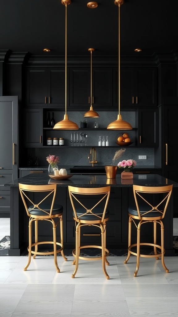 A modern kitchen featuring a black island with gold fixtures and stylish seating.