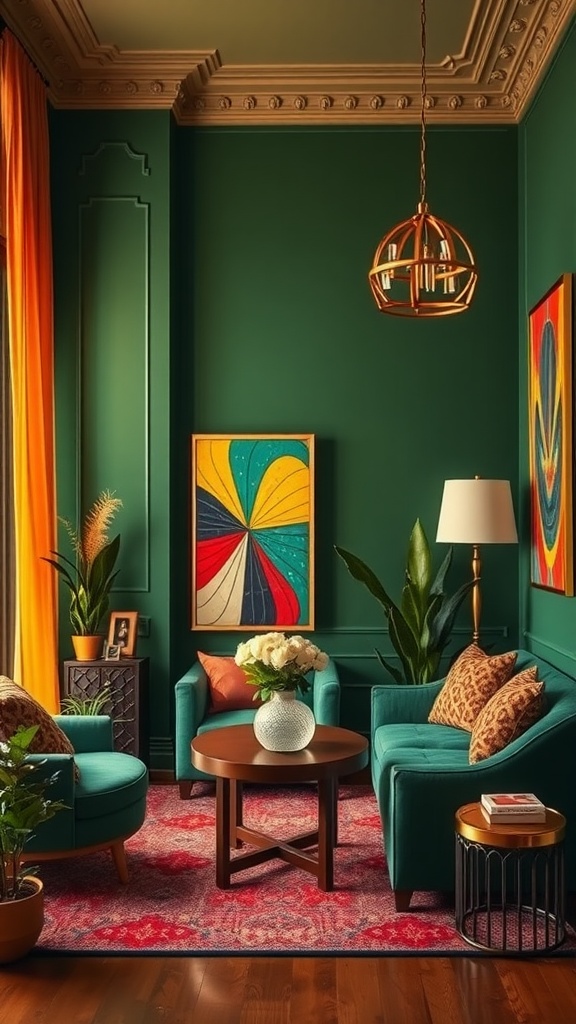 A stylish living room featuring deep green walls, bright artwork, and elegant furnishings.