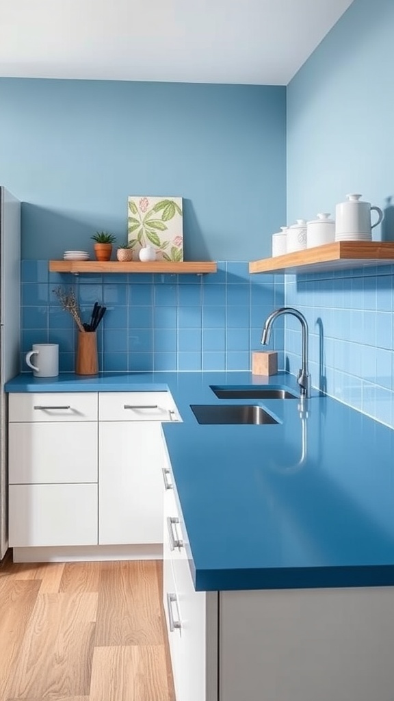 A modern kitchen with bold blue laminate countertops, white cabinets, and light wood flooring.