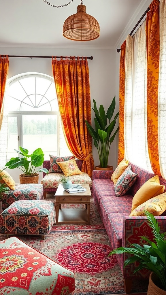 A vibrant living room featuring patterned furniture, orange curtains, and potted plants.