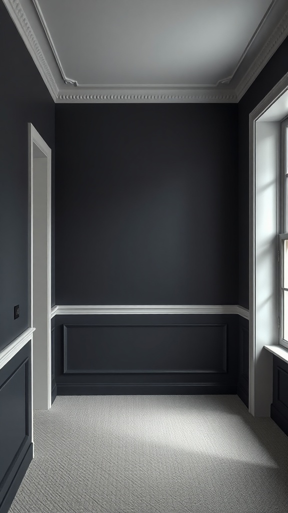 A room with dark walls and a white chair rail, showcasing a sleek and modern design.