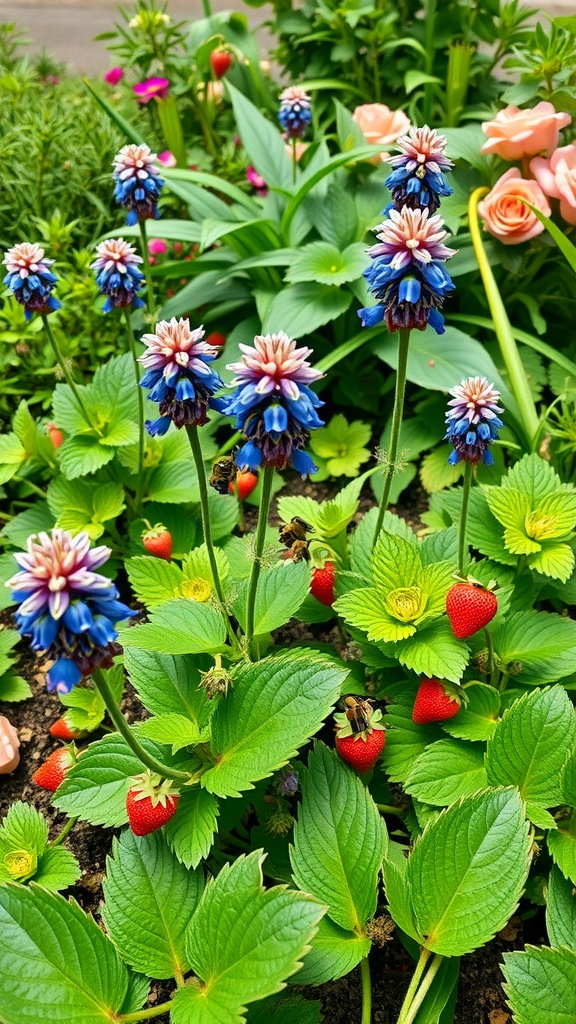 Borage flowers growing alongside strawberry plants in a garden