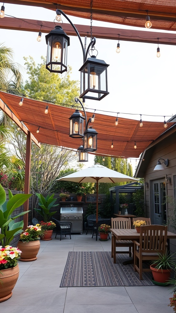Outdoor patio with hanging lanterns and string lights, featuring a dining area and potted plants.