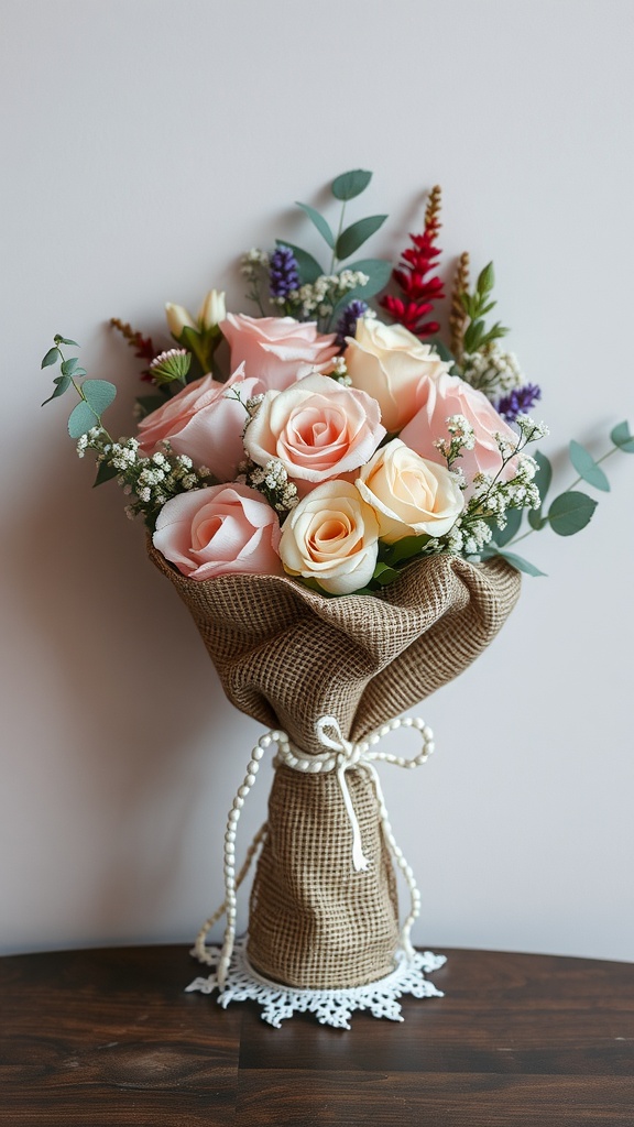 A bouquet wrapped in burlap and lace with soft pink roses and greenery.