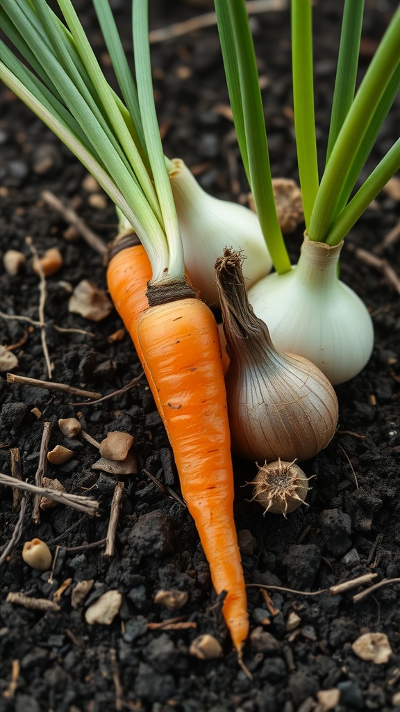 An orange carrot alongside white and yellow onions in dark soil.