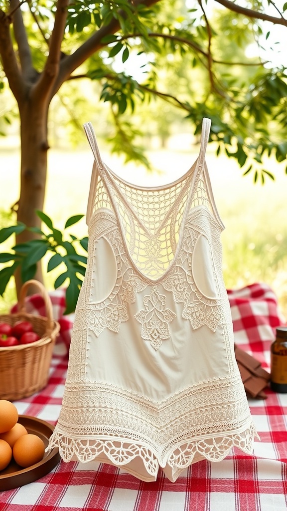 A crochet tank top with matching shorts displayed outdoors, surrounded by greenery.