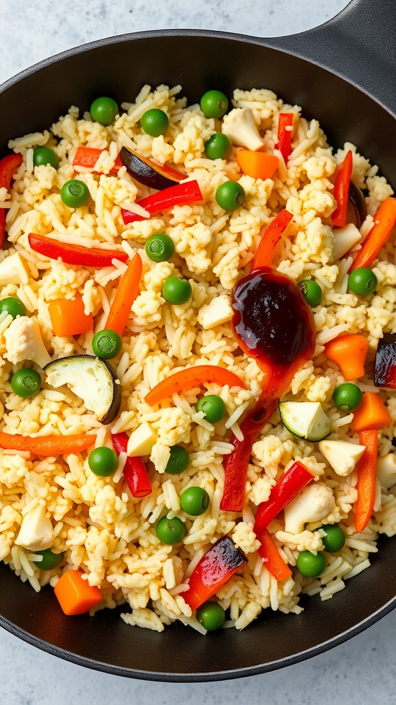 A colorful and vibrant plate of cauliflower rice stir-fry loaded with vegetables.