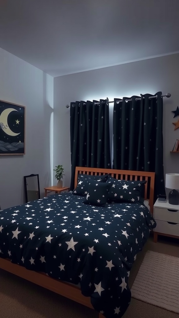 Cozy bedroom with celestial theme, featuring star patterned bedding and curtains, moon wall art, and a small plant on the nightstand.