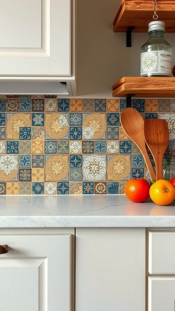 Colorful ceramic tile accents in a rustic kitchen setting.