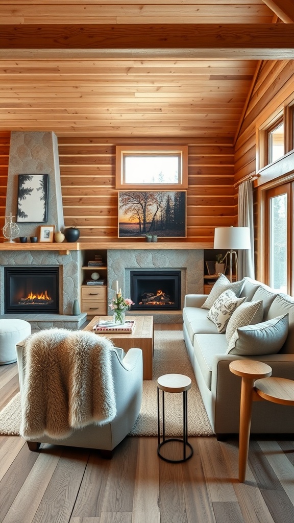 Cozy chalet-inspired living room with wooden walls, a stone fireplace, and inviting furniture.