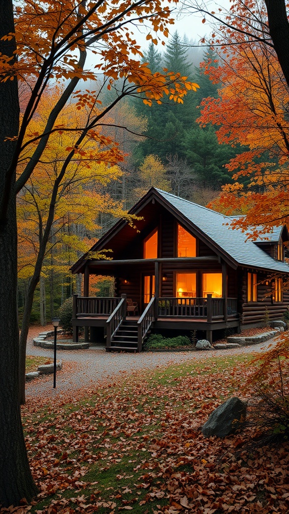 A cozy cabin in the Smoky Mountains surrounded by autumn leaves.