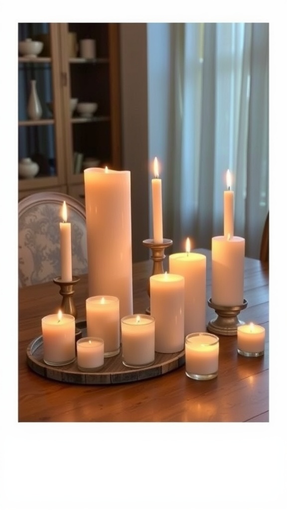 A collection of various candles displayed on a wooden tray.