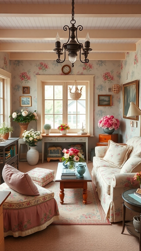 Cozy traditional living room with floral wallpaper, floral sofa, chandelier, and vibrant flowers