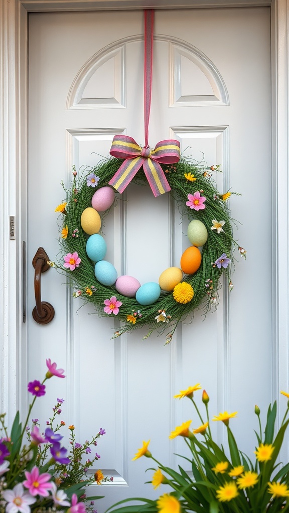 A pastel-colored Easter egg wreath hanging on a white door, surrounded by flowers.