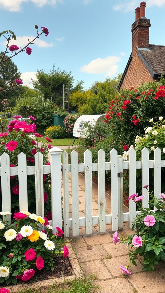 17 Cozy Cottage Exterior Ideas For Inviting Curb Appeal 32 A charming white picket fence surrounded by colorful flowers leading to a cozy cottage.
