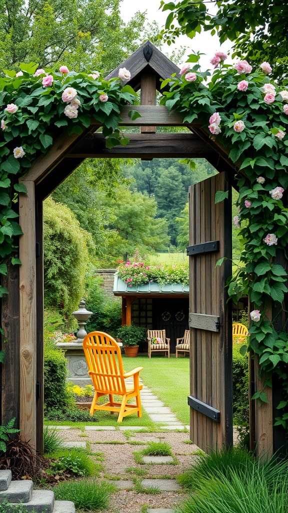 Wooden garden arch covered in vines and flowers, leading to a serene garden with a yellow chair.