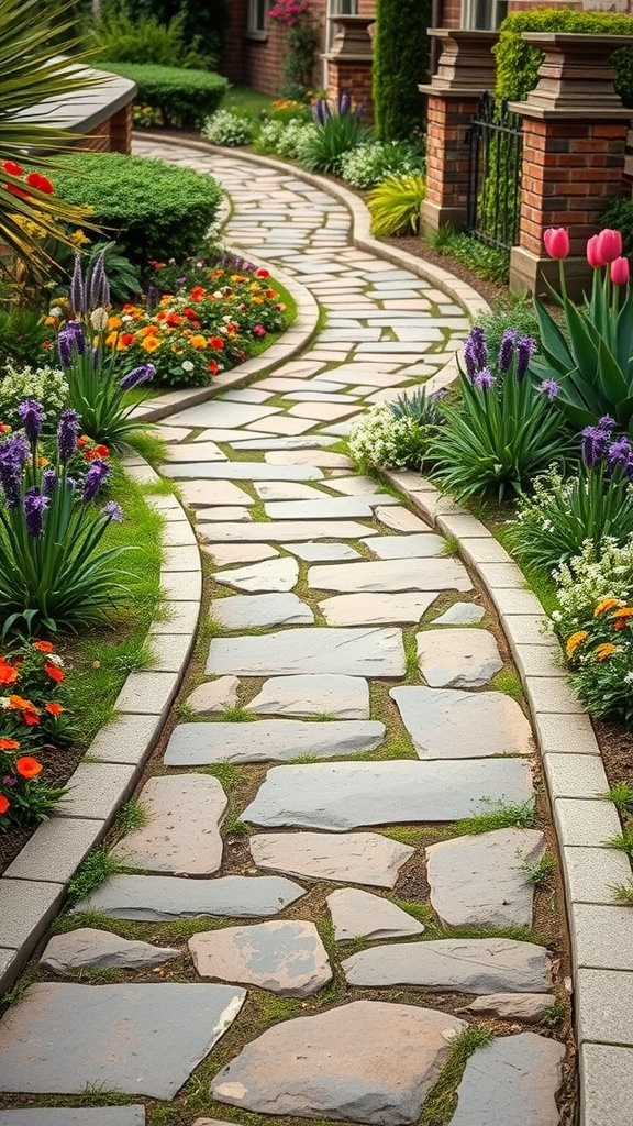 A winding garden pathway made of natural stones surrounded by colorful flowers and greenery.