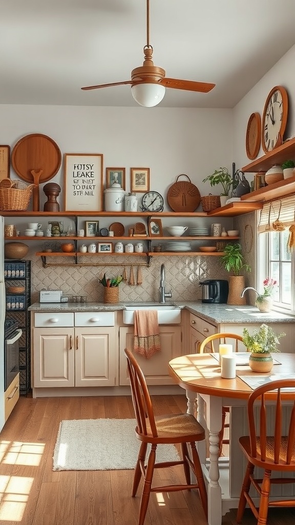Cozy kitchen with vintage decor and warm wood tones