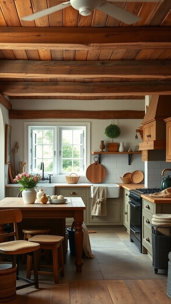 A cozy English cottage kitchen featuring rustic wood accents, including a wooden ceiling and furniture.