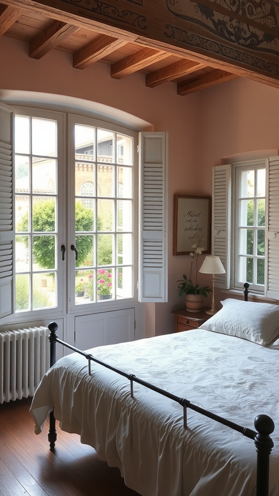 A cozy bedroom with shuttered windows, wooden beams, and soft decor