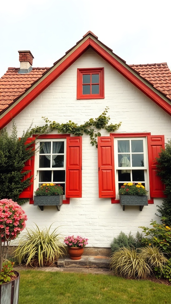 17 Cozy Cottage Exterior Ideas For Inviting Curb Appeal 26 A cozy cottage with bright red shuttered windows and colorful flower boxes.