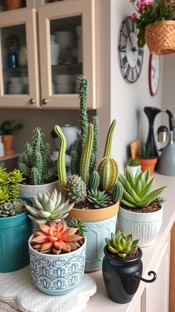 Succulent arrangement on a kitchen counter with various plants in decorative pots.