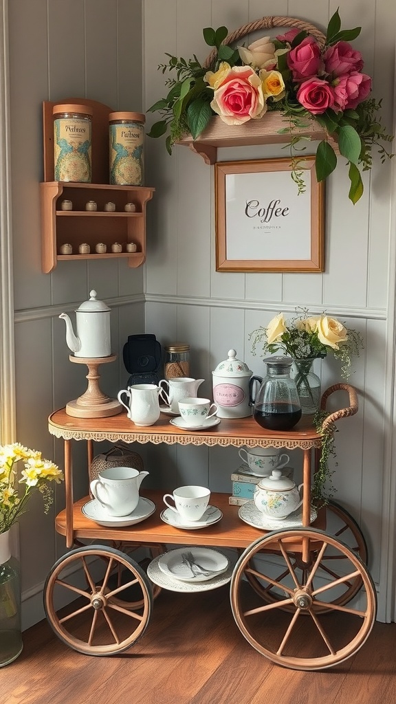 A cozy tea and coffee corner with a vintage cart, floral decor, and charming teapots.