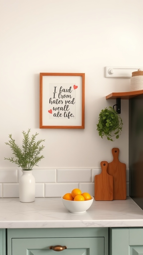 Charming wall art and decor in a small kitchen setting.