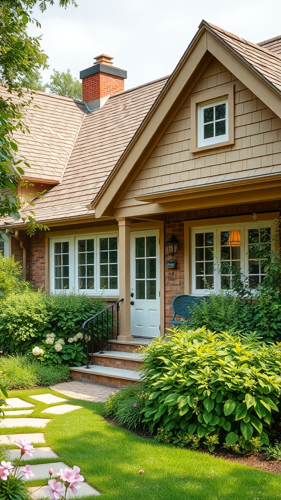 17 Cozy Cottage Exterior Ideas For Inviting Curb Appeal 21 Cozy cottage exterior featuring wood shingle facade, inviting entryway, and lush landscaping.