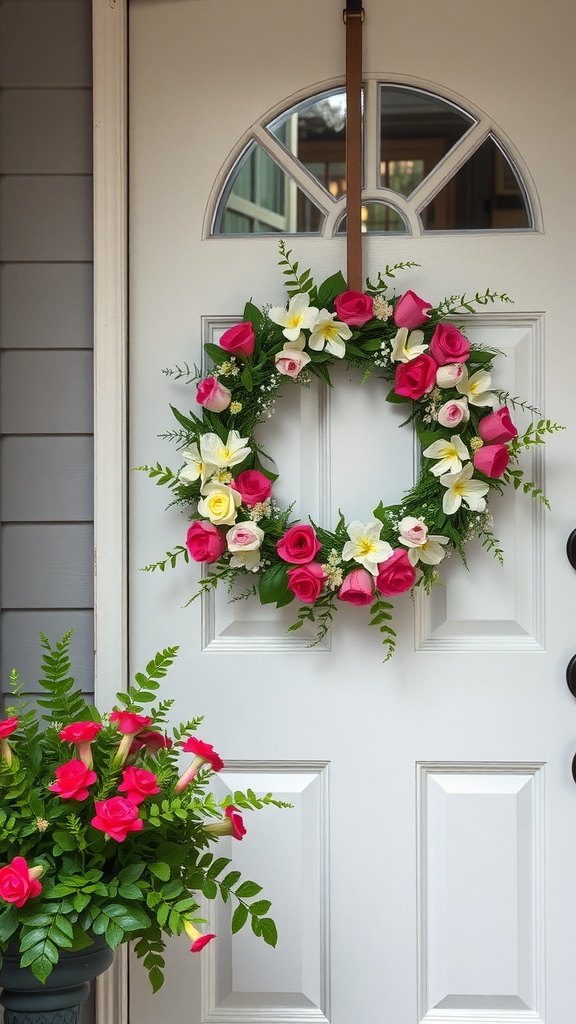 A beautiful floral wreath with pink roses and white lilies hanging on a white door, accompanied by a matching floral arrangement in a pot.