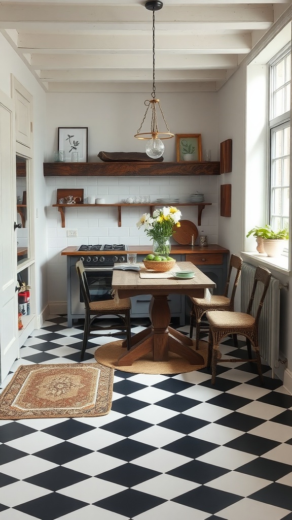 A cozy English cottage kitchen featuring checkerboard flooring and an area rug, with a wooden table and chairs.