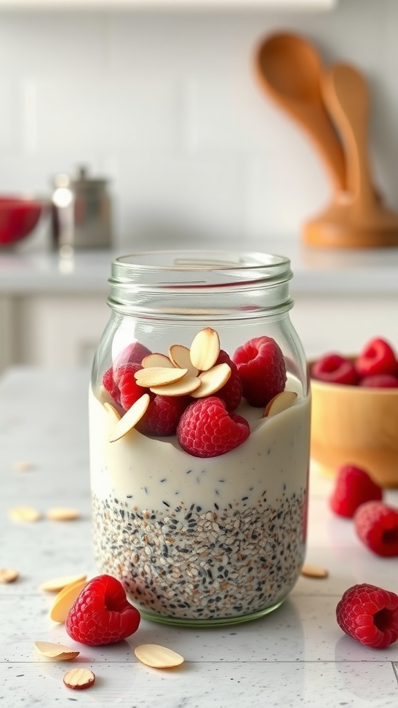 Chia seed pudding layered with almond milk, topped with raspberries and almonds