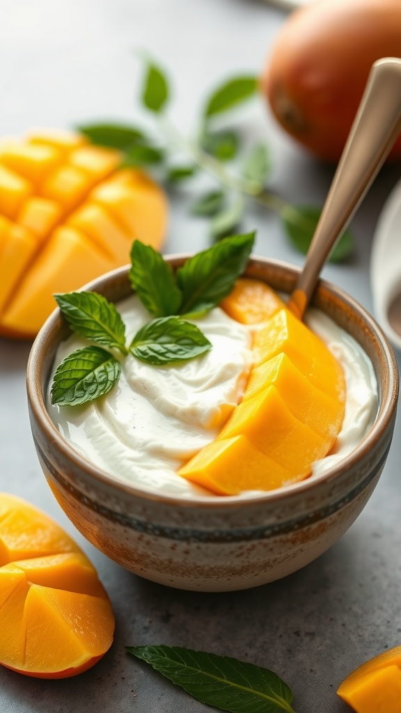 Delicious chia seed pudding topped with fresh mango and mint leaves in a bowl.