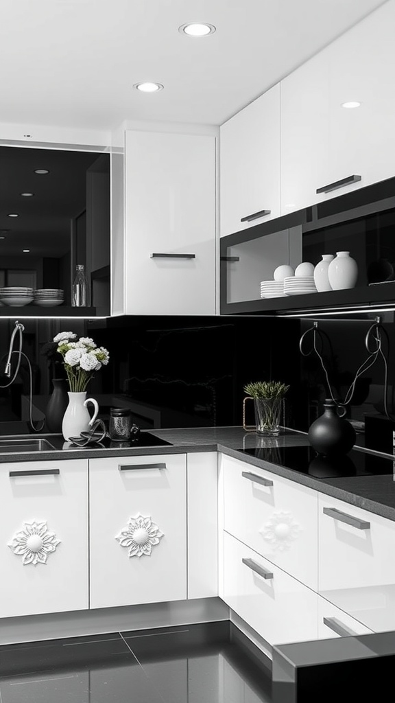 Stylish black and white kitchen with modern cabinets and decor