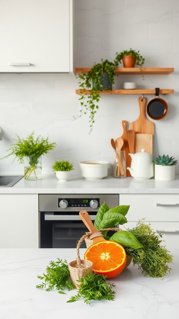 A modern kitchen with a marble countertop, fresh orange, herbs, and plants.