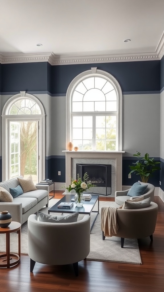 Living room with navy and light gray two-toned walls and chair rail.