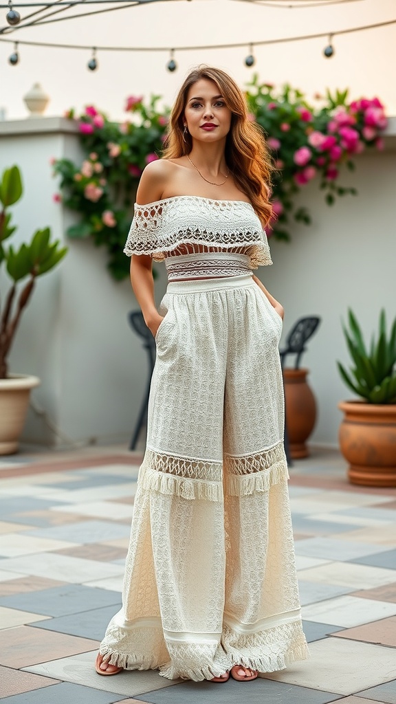 A woman wearing a chic off-shoulder crochet top and flowy pants, standing in a garden setting.