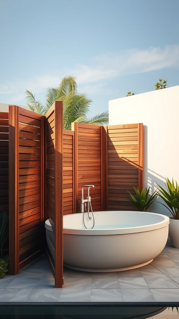 A serene outdoor bathroom with a wooden privacy screen and a modern bathtub