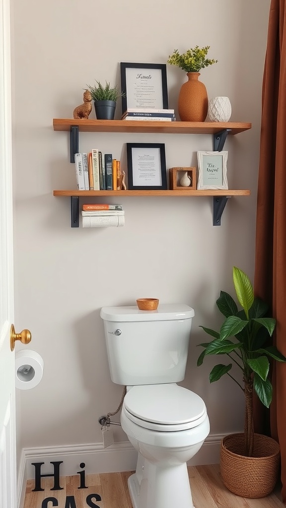 Stylish wall-mounted wooden shelves above a toilet with decorative items and plants.