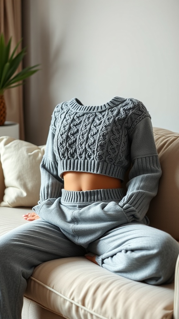 A chunky knit crop top and joggers set in gray, styled casually on a couch