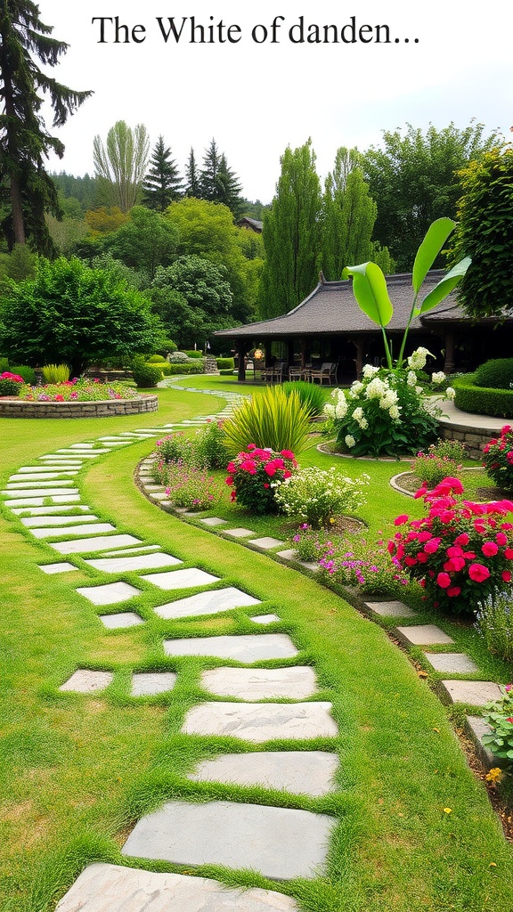 Circular pathway lined with stepping stones and colorful flowers in a vibrant garden.