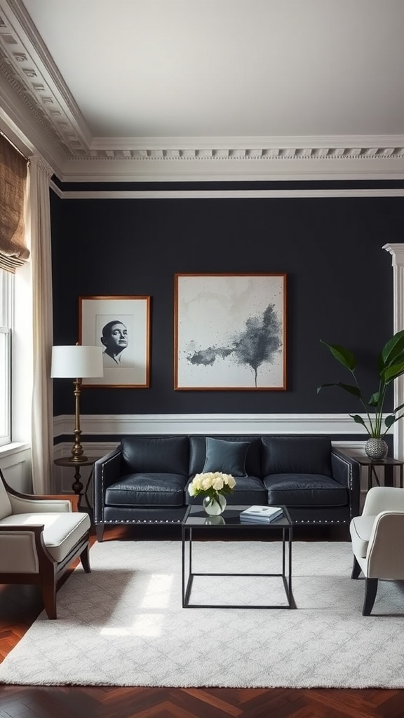 A stylish living room featuring dark walls and white trim with a chair rail.